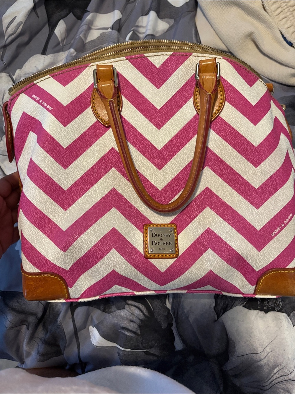 Dooney & Bourke Pink and White Chevron Satchel with Tan Trim